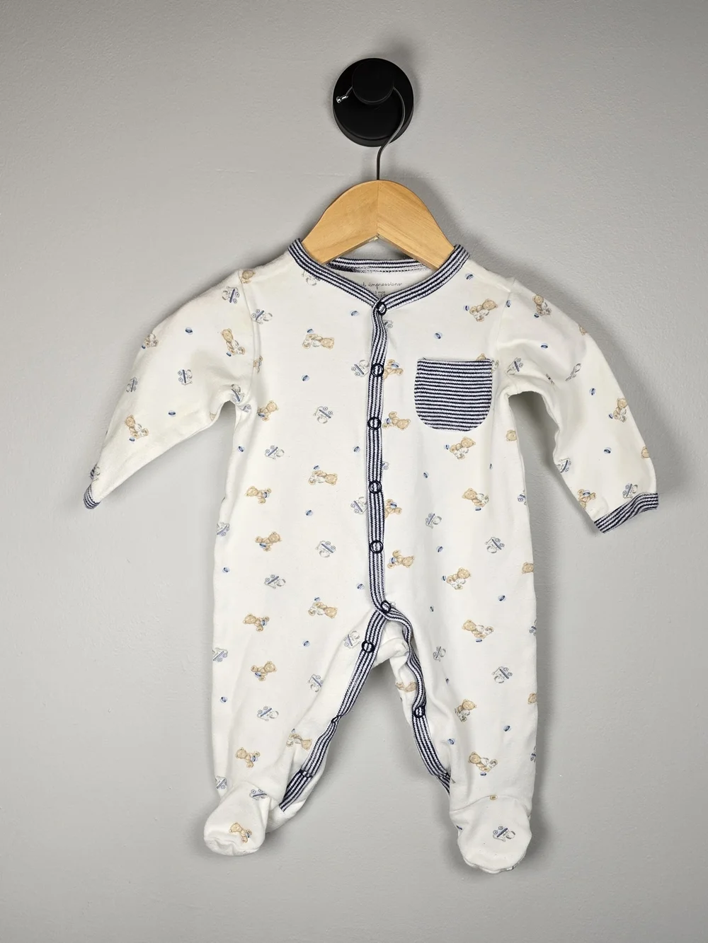 First Impressions White Footed One-Piece with Navy Trim and Puppy Print